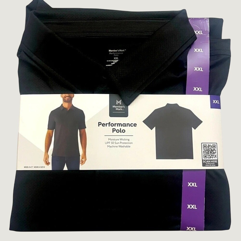 Members Mark Mens Performance Polo Shirt Black XXL Moisture Wicking UPF 50 New
